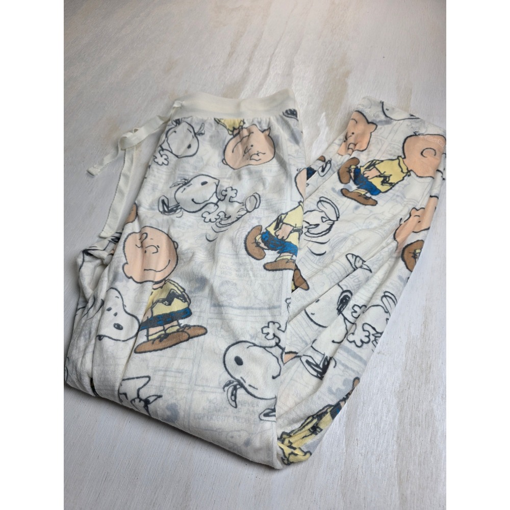 Peanuts Snoopy Charlie Brown Pajama Pants White Fleece Lounge Sleepwear Medium